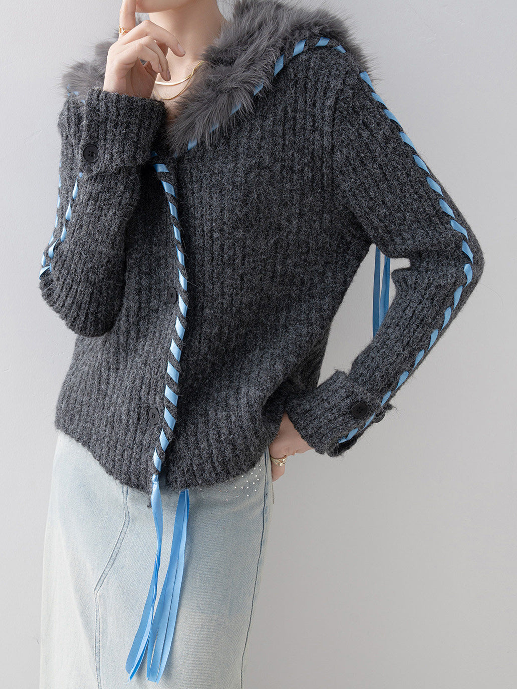 セーラーカラー編み込みロングリボンニットカーディガン　3色入 - SonderSable