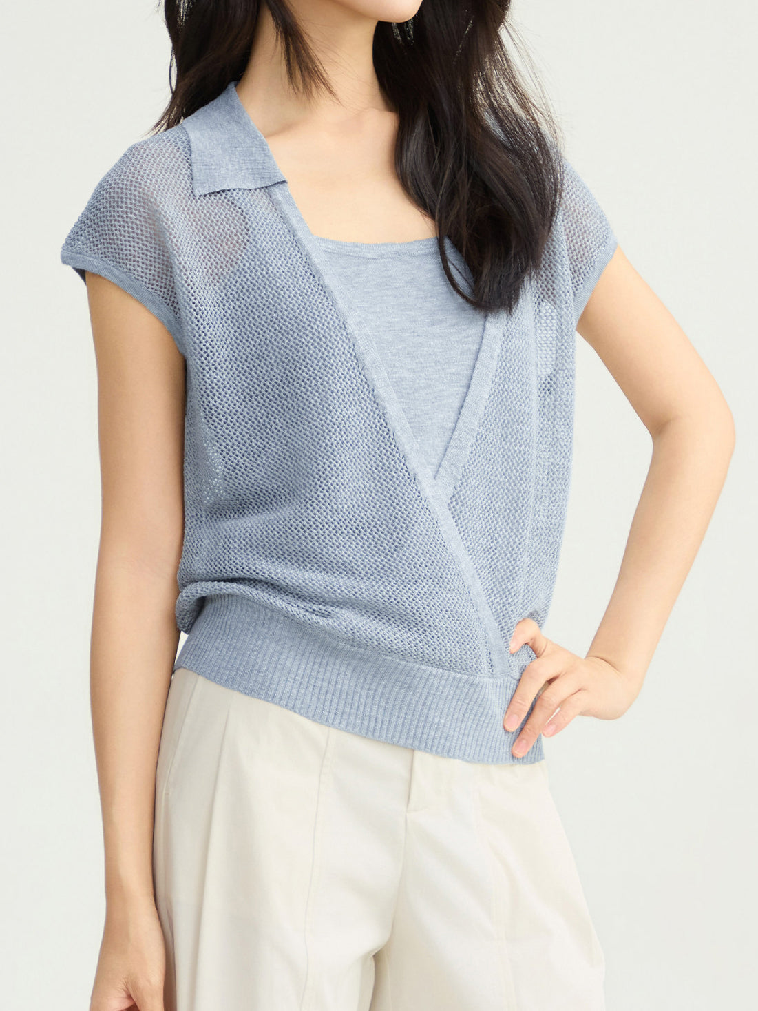 キーネックカシュクールネットトップス＋ニットキャミアンサンブル - SonderSable