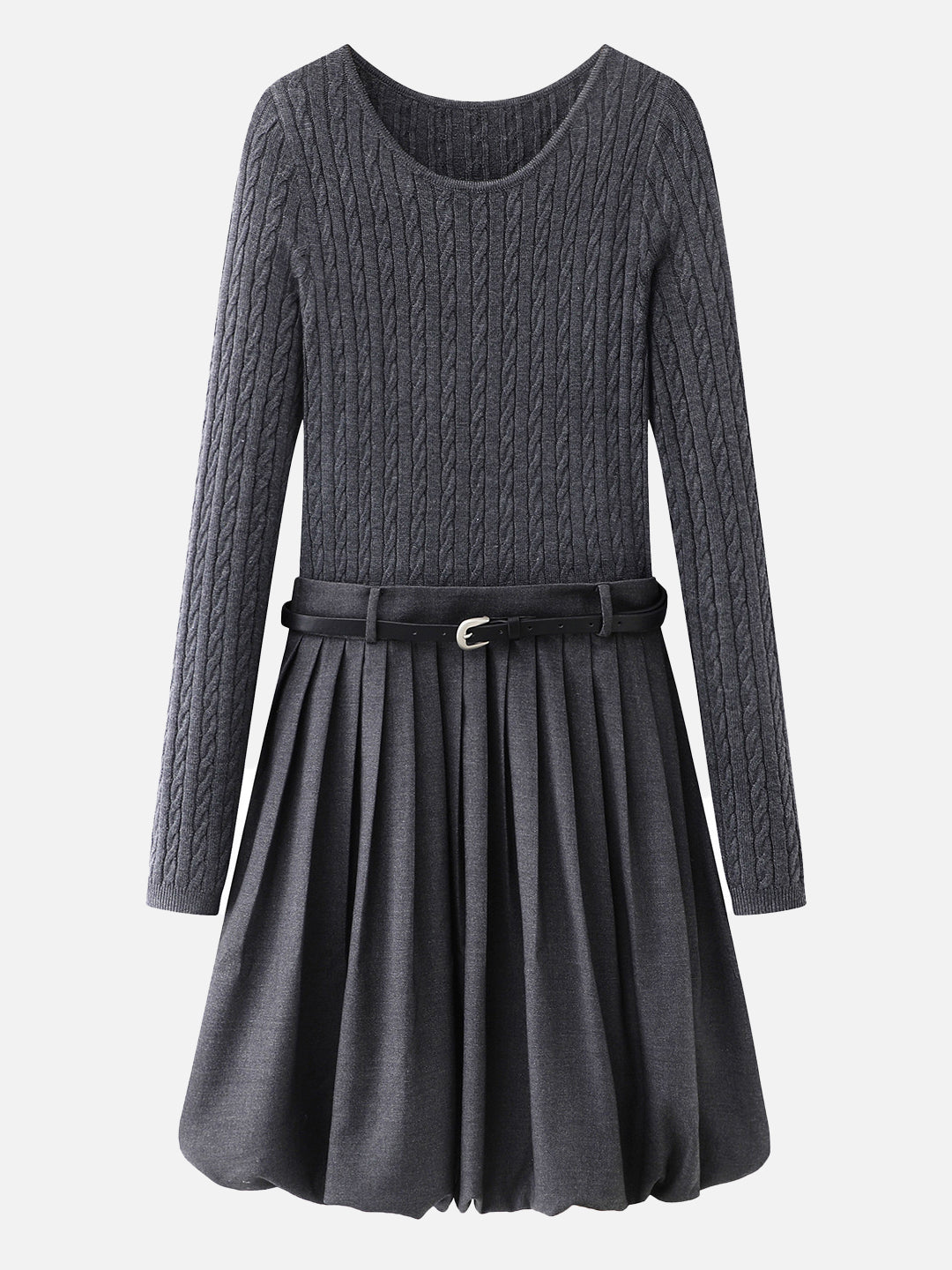 Belted cable knit docking pleated dress