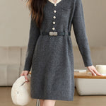 革ベルト付き配色襟ニットワンピース　3色入 - SonderSable