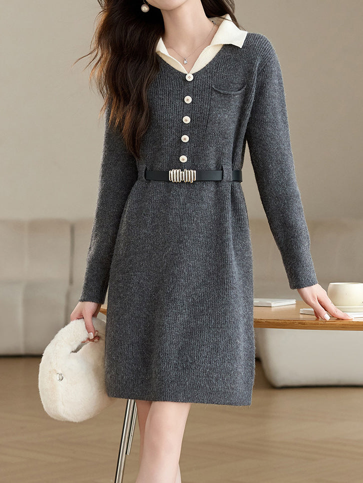 革ベルト付き配色襟ニットワンピース　3色入 - SonderSable