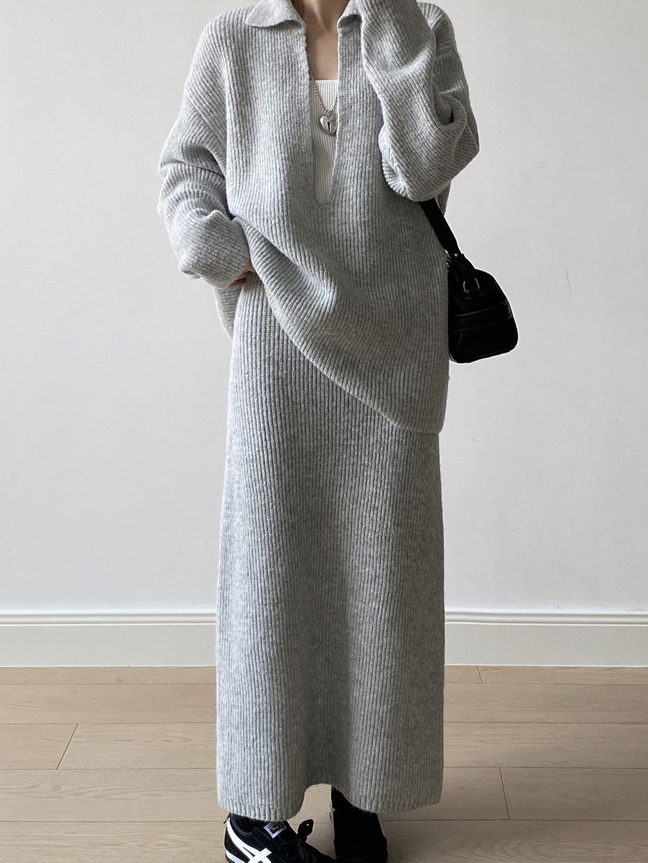 Deep V-neck ribbed knit top + long knit narrow skirt set (2 colors)