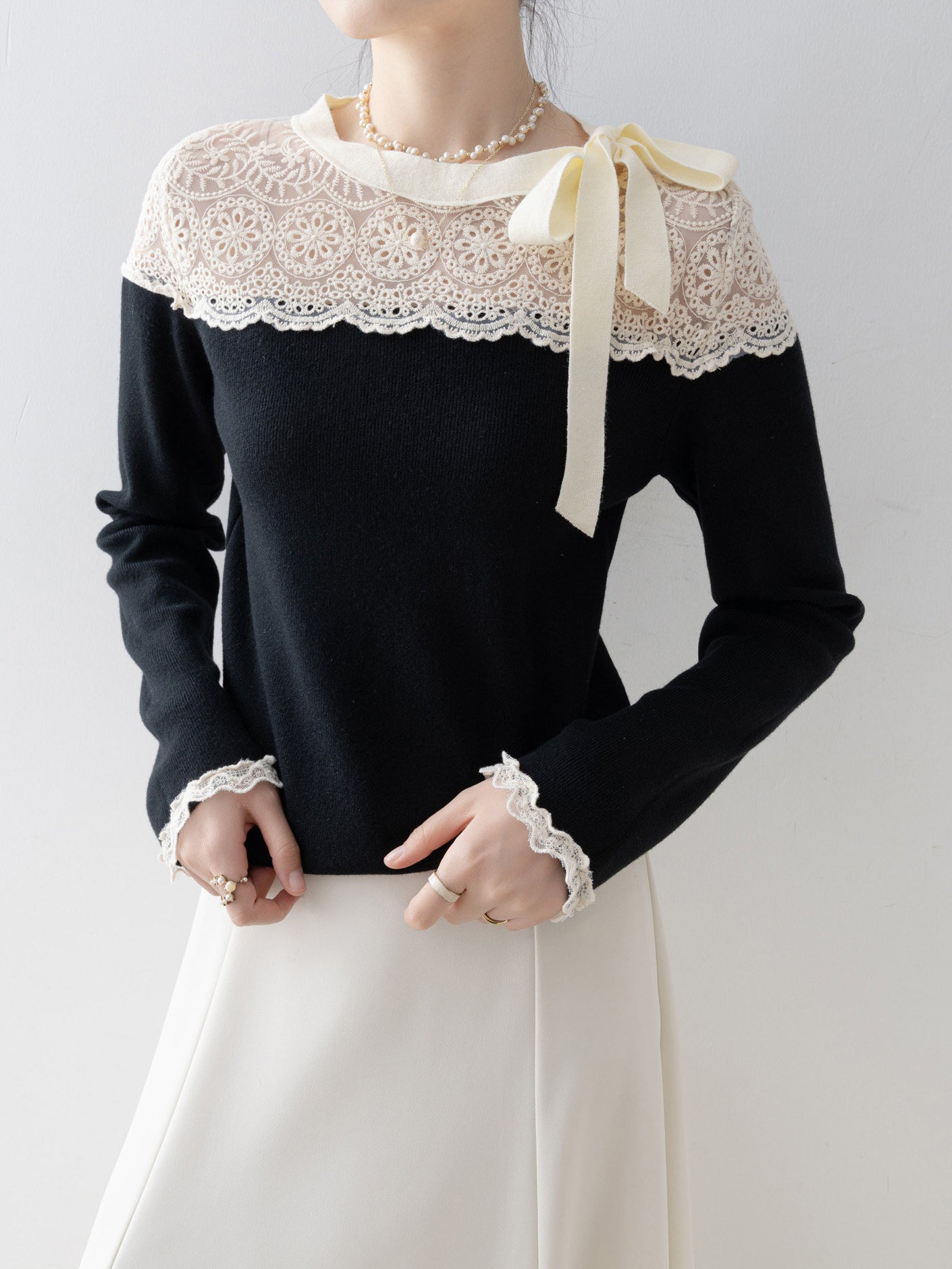 <先行公開>サイドリボンレースドッキングニット　3色入 - SonderSable