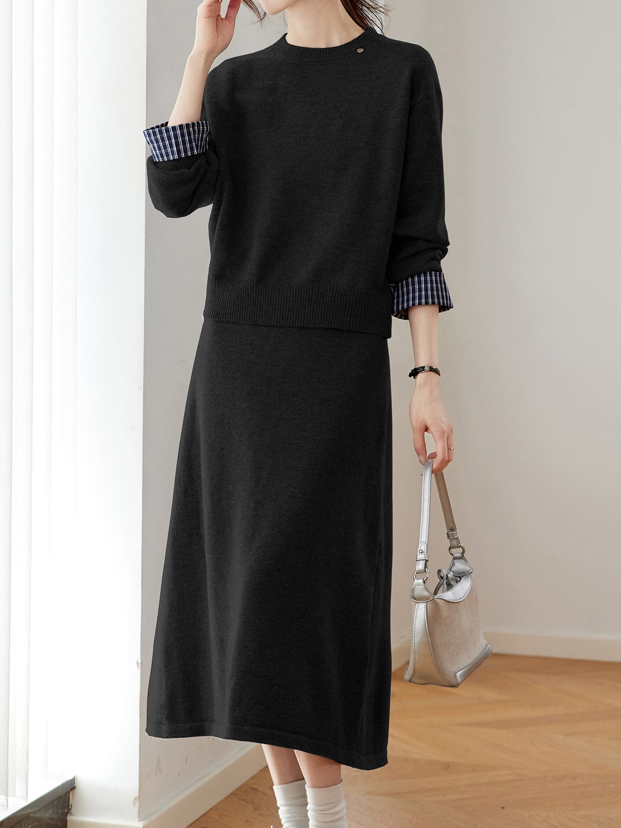 Checkered Cuff Knit + Knit Flare Skirt Set (4 Colors)