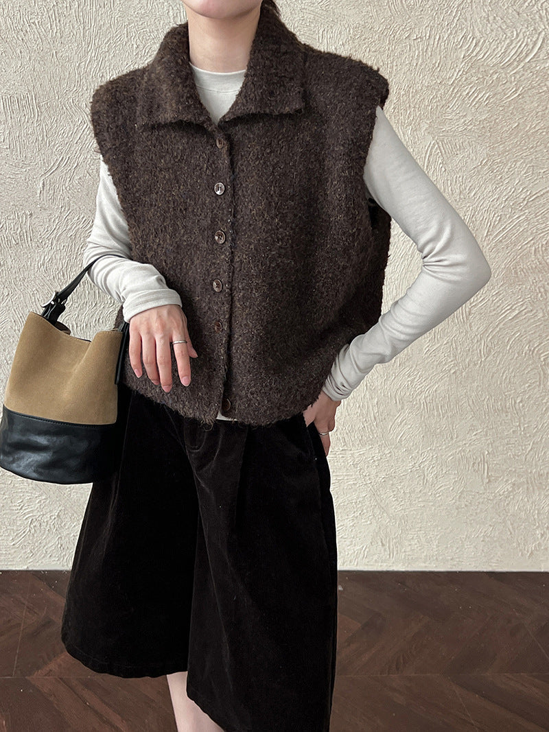 Feather yarn sleeveless cardigan with collar (4 colors)