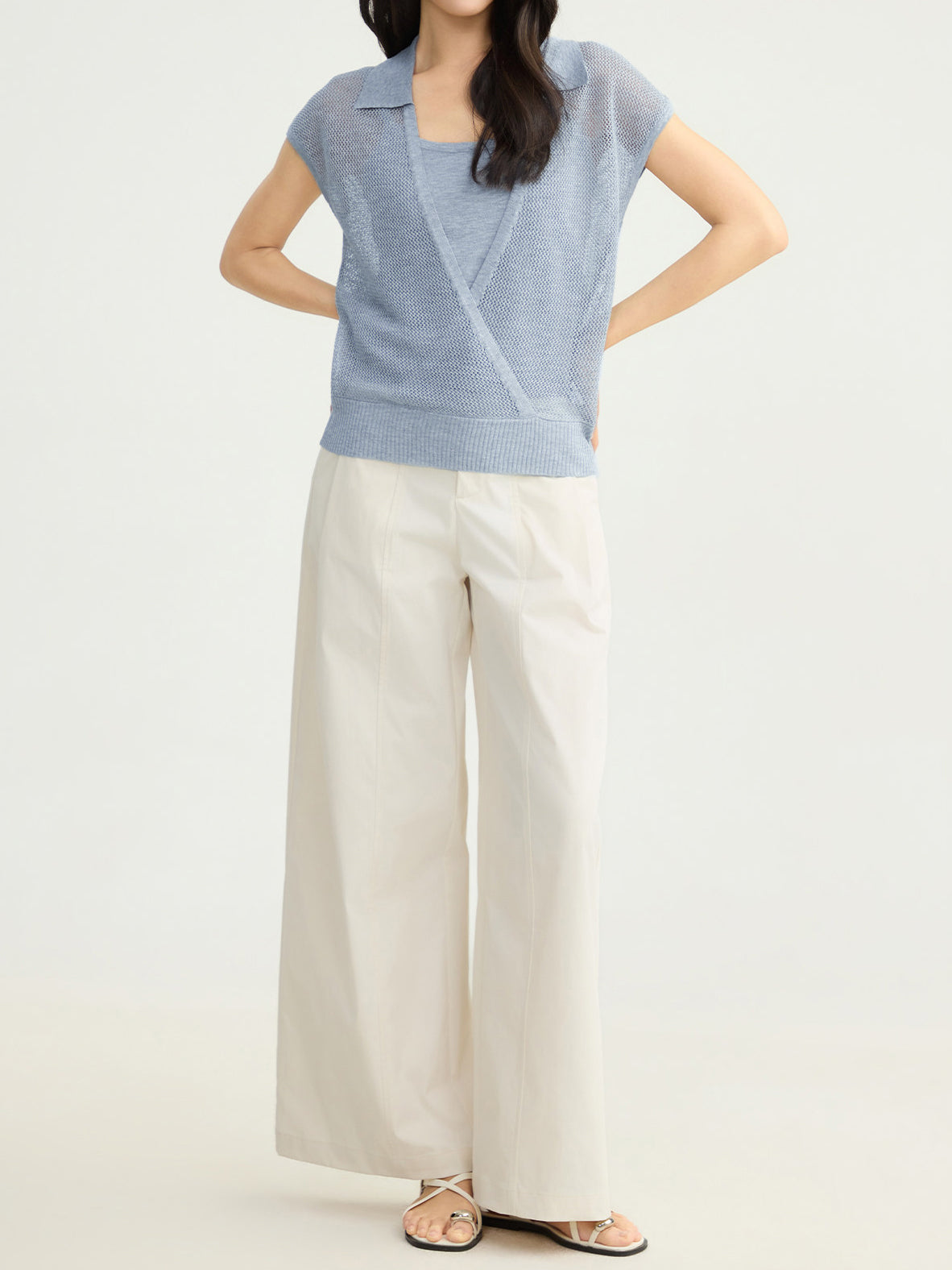 キーネックカシュクールネットトップス＋ニットキャミアンサンブル - SonderSable