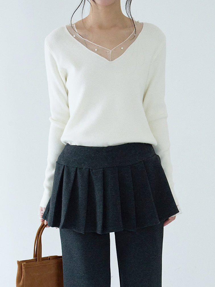 <先行公開>パールチュールドッキングVネックリブニットカットソー　2色入