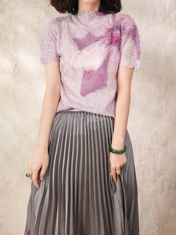 High neck flower wrinkled cut and sew, 6 colors