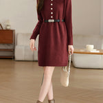 革ベルト付き配色襟ニットワンピース　3色入 - SonderSable