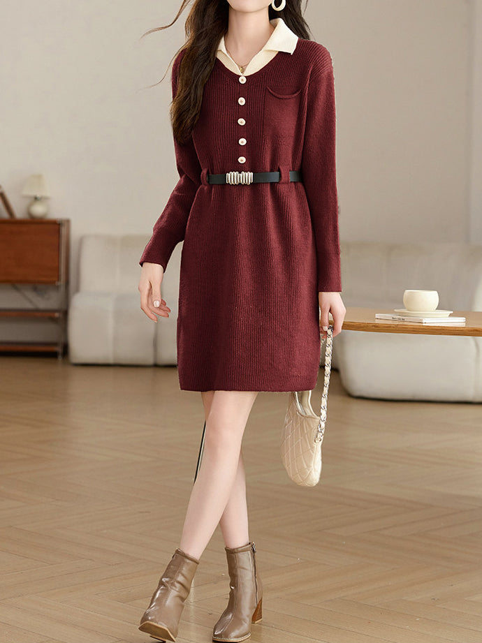 革ベルト付き配色襟ニットワンピース　3色入 - SonderSable