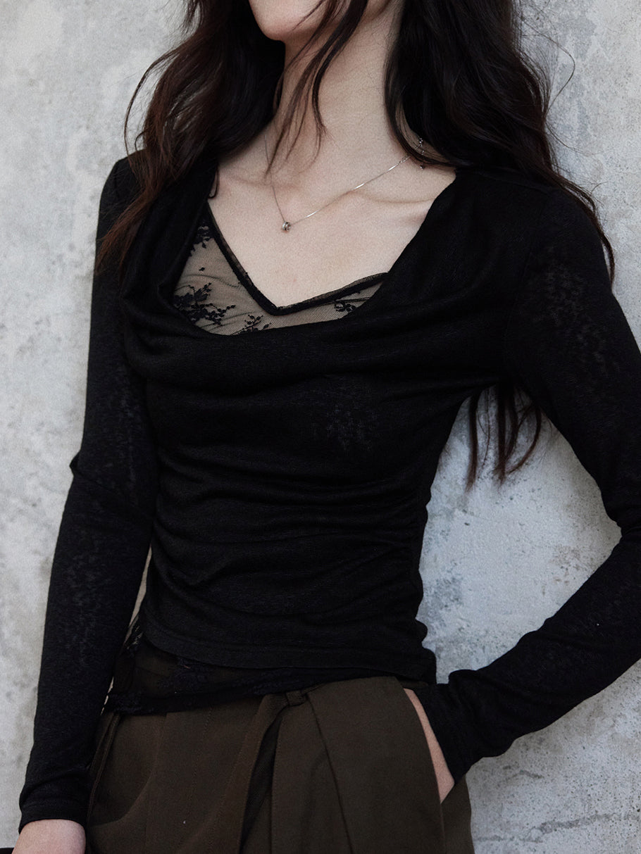 Lace layered draped long sleeve knit in 2 colors