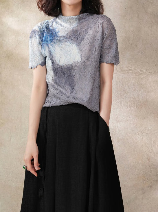 High neck flower wrinkled cut and sew, 6 colors