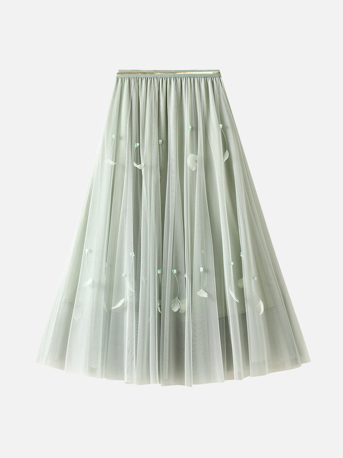 Beaded Feather Design Flared Tulle Skirt - Available in 6 Colors