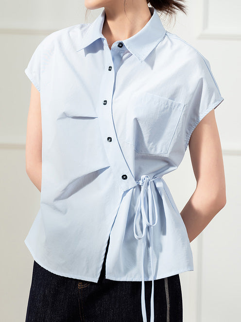 Front tuck asymmetric button ribbon shirt in 2 colors