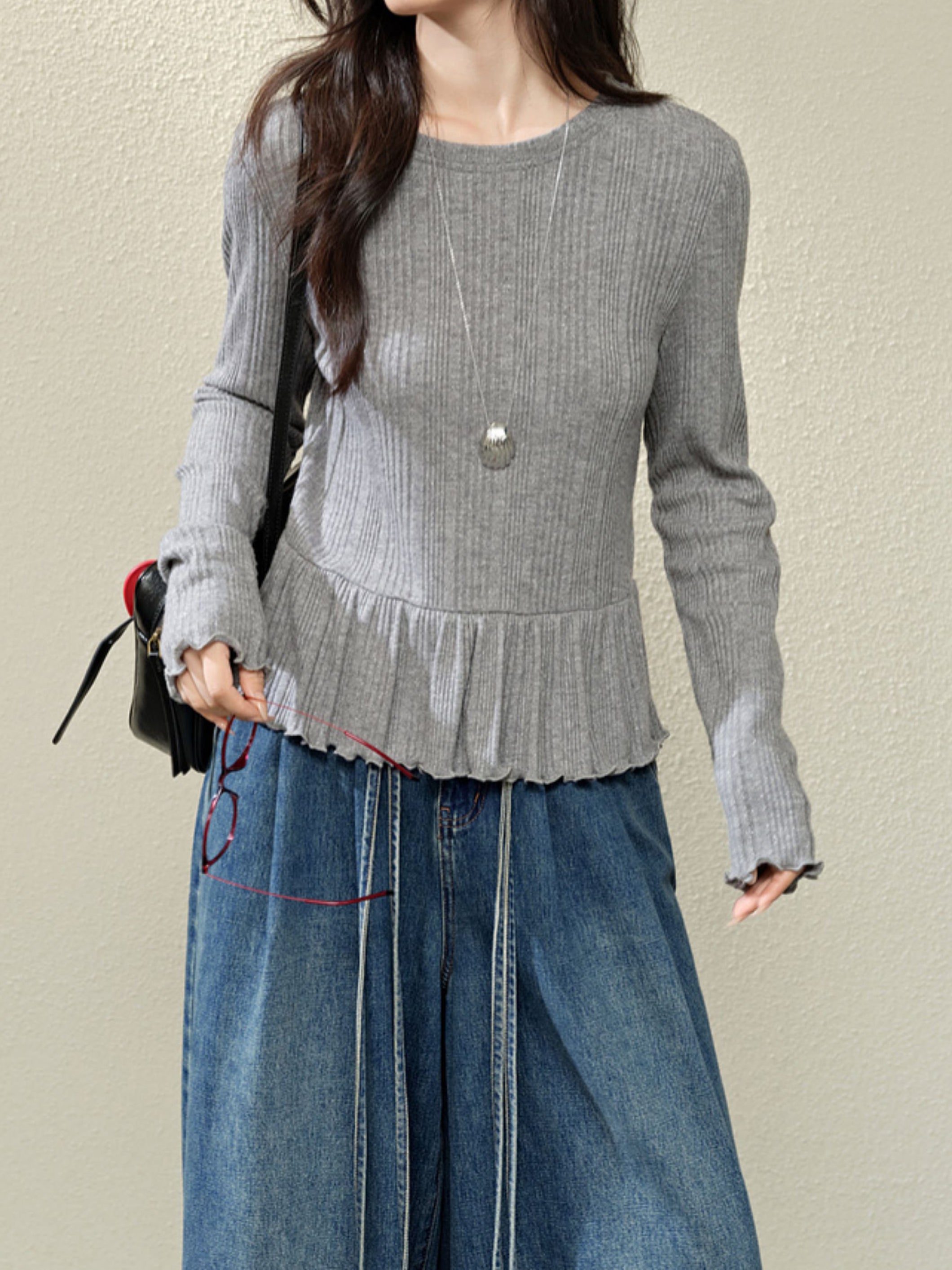 Peplum flare hem knit top in 3 colors