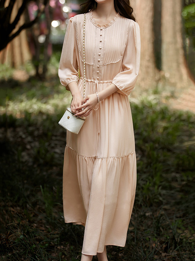 Pintuck Drawstring Tiered Dress 2 Colors