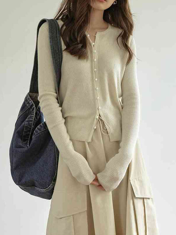 Pearl button rib knit cardigan in 2 colors