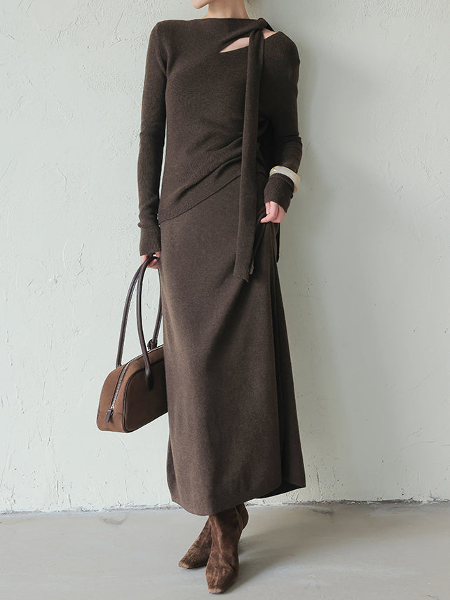 Asymmetrical Bowtie Knit + Long Flared Knit Skirt Set (5 Colors)