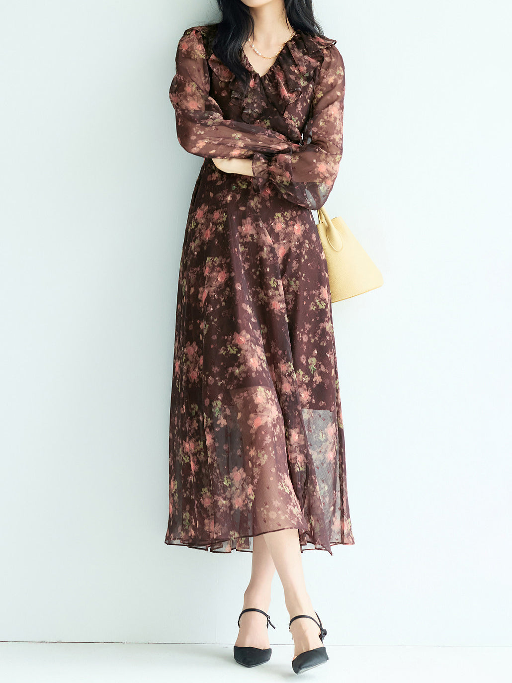 フリルフラワープリントシフォンワンピース　3色入 - SonderSable