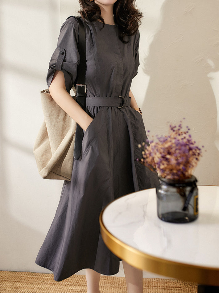 No-collar belted work dress, 3 colors