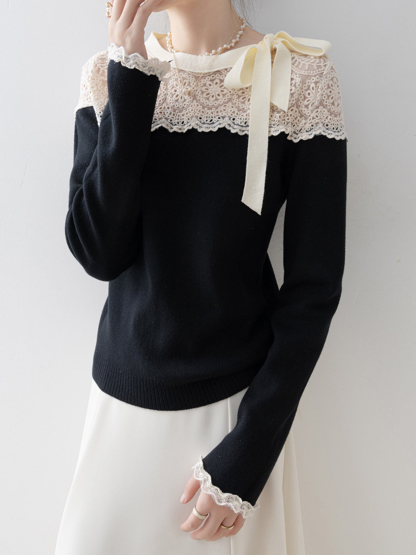 <先行公開>サイドリボンレースドッキングニット　3色入 - SonderSable