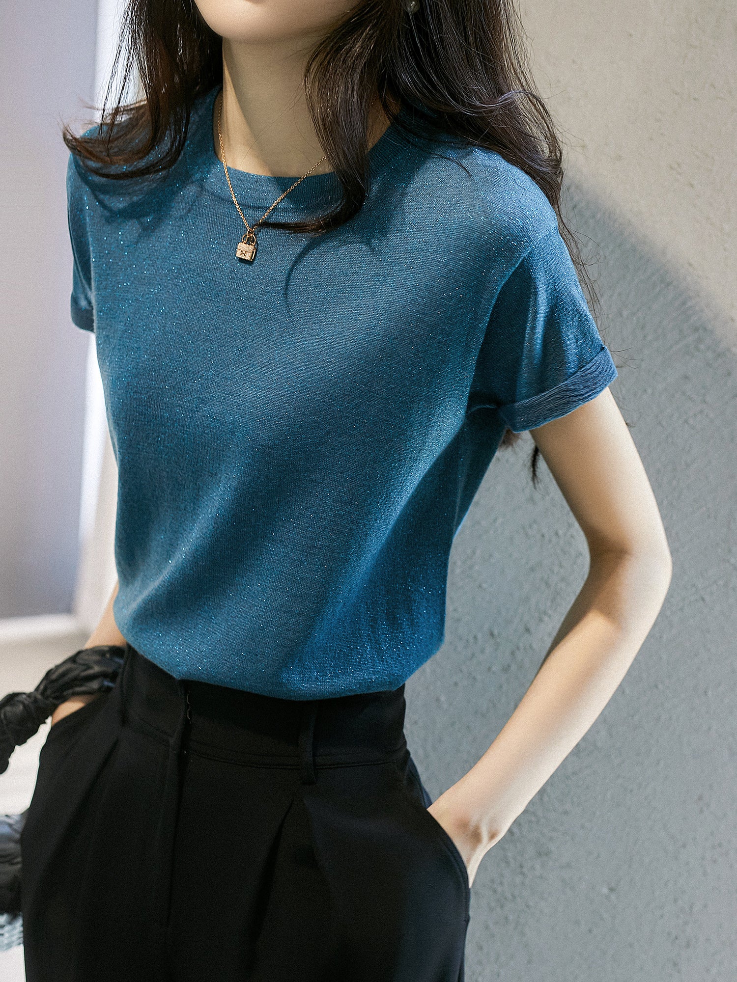 Crew neck short sleeve glitter knit 2 colors