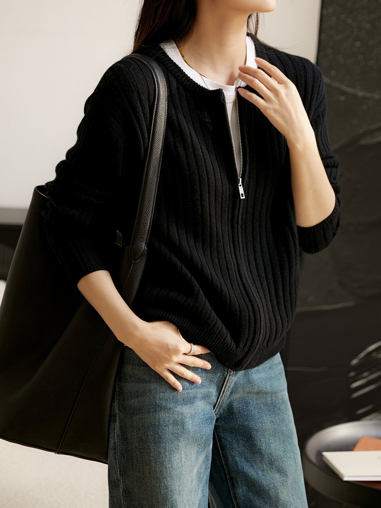 Zip-up rib knit cardigan in 2 colors