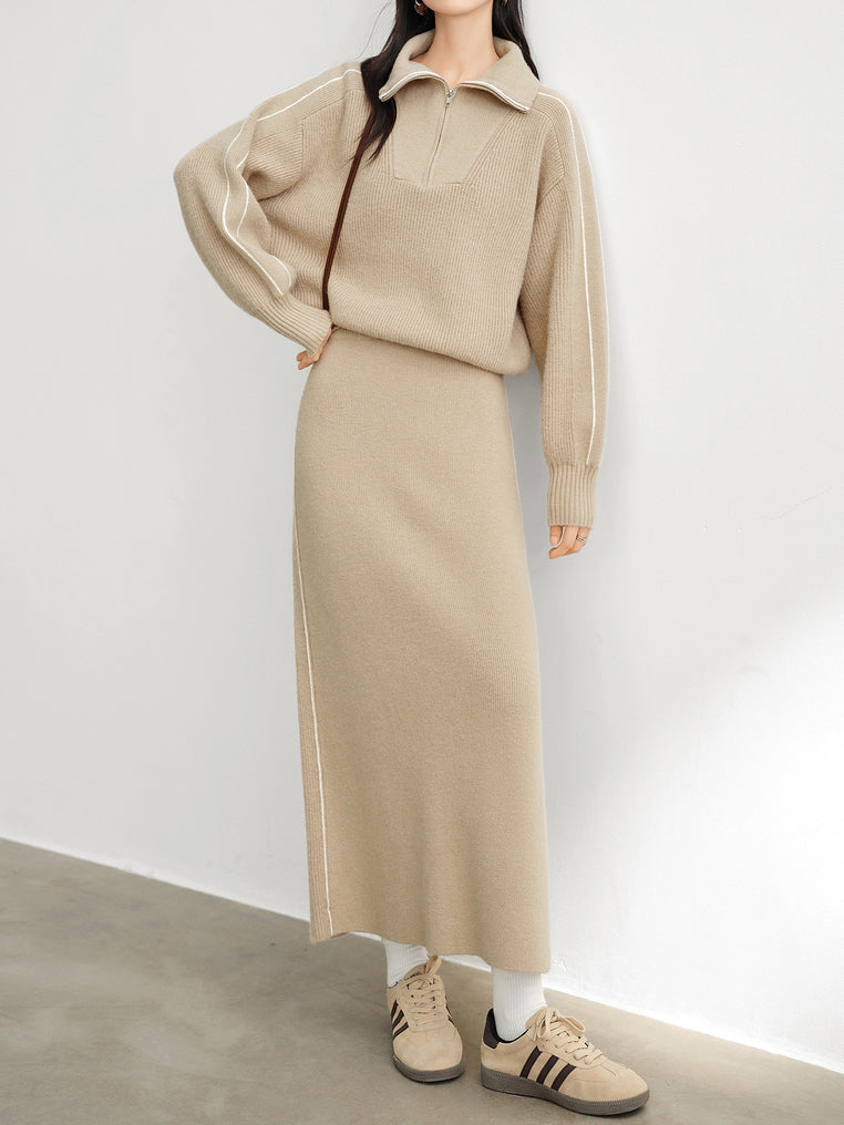 ハーフジップラインデザインニット＋ロングニットナロースカートSET　3色入