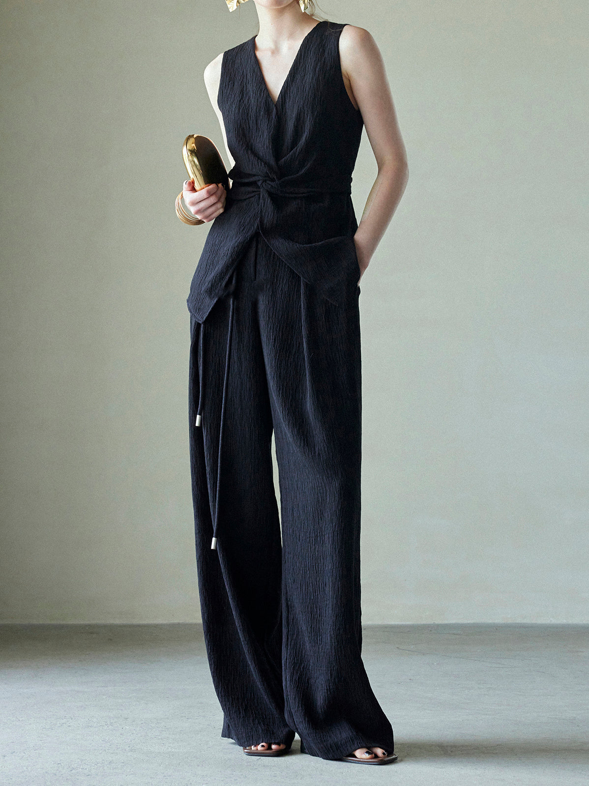 V-neck knotted willow vest tops + stringed willow wide pants SET
