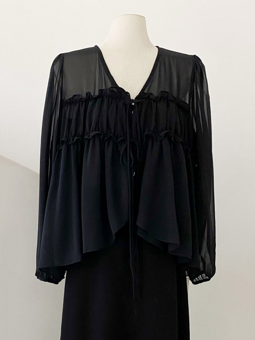 Vネックシャーリングリボンシアーブラウス　2色入