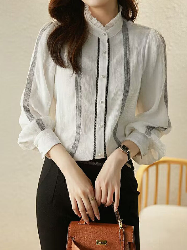 Frill collar lace crepe blouse in 2 colors