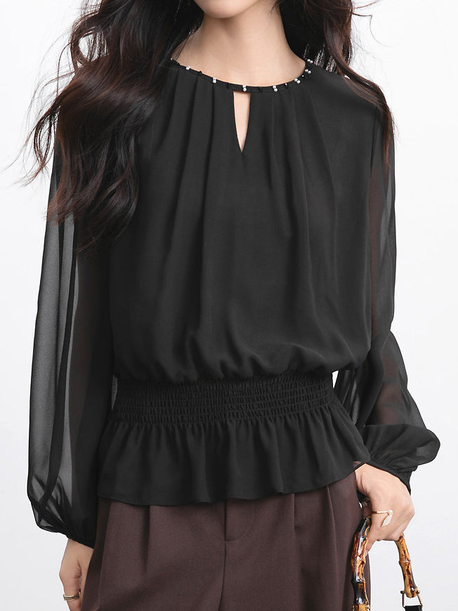 Beaded neck chiffon volume blouse (2 colors)
