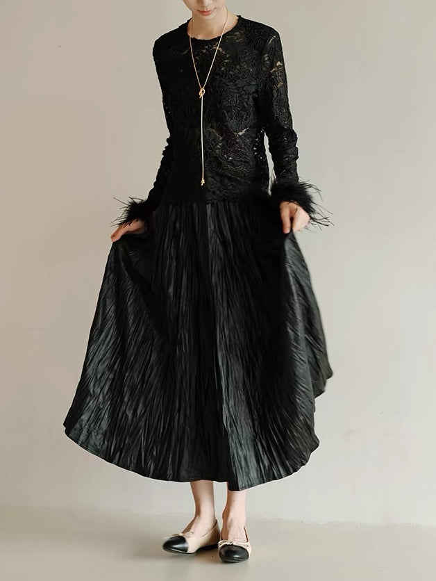 Wrinkled faux leather flared skirt in 3 colors