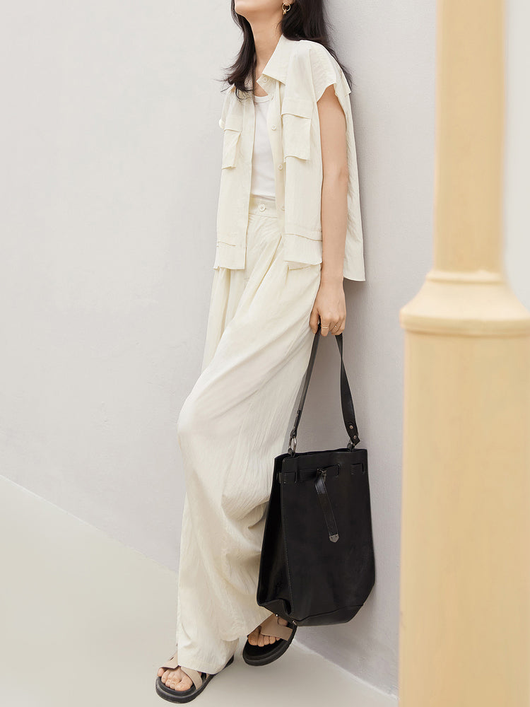 French sleeve work shirt + wide slacks pants SET 2 colors