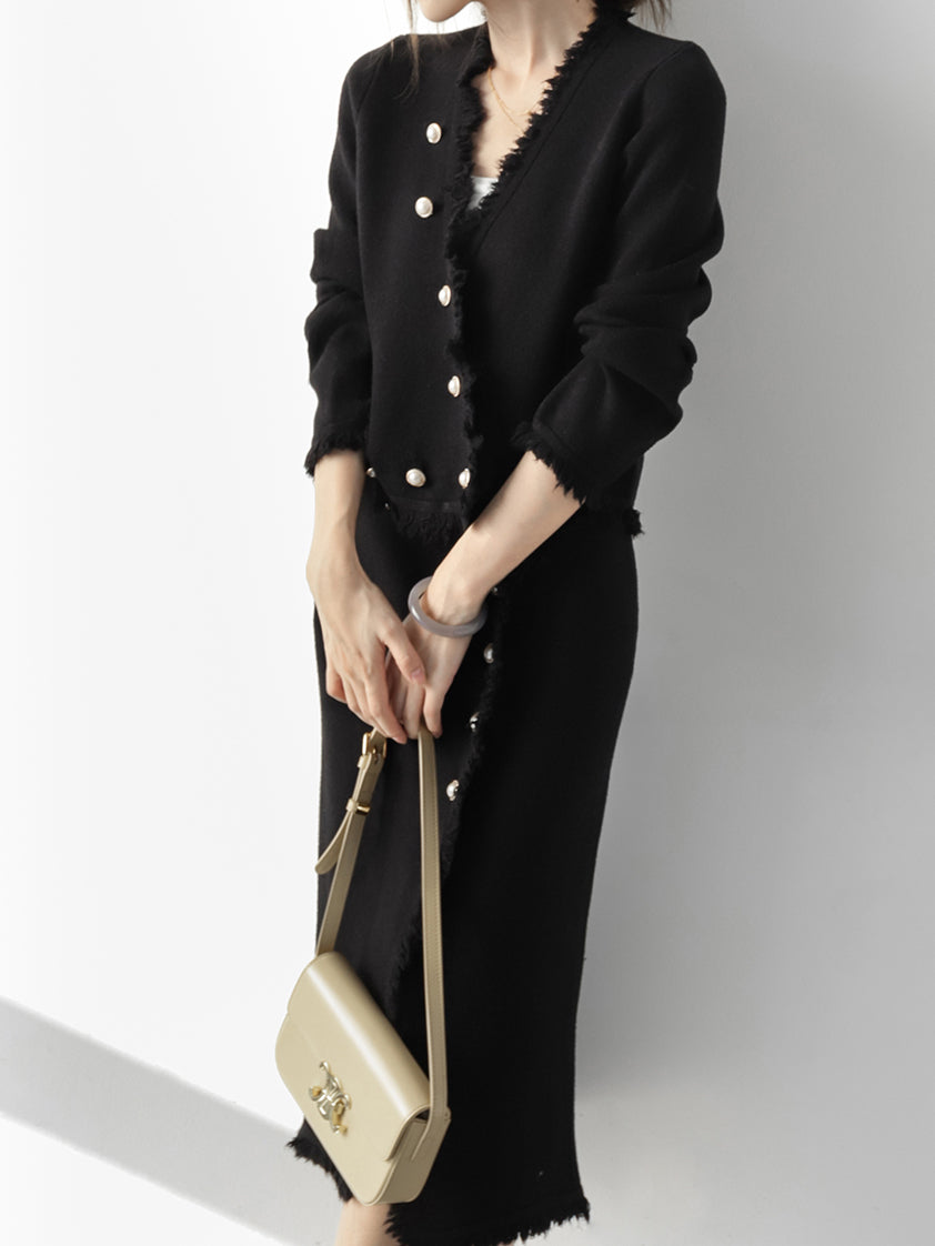 Fringe jewel button knit cardigan + front slit fringe skirt set (4 colors)