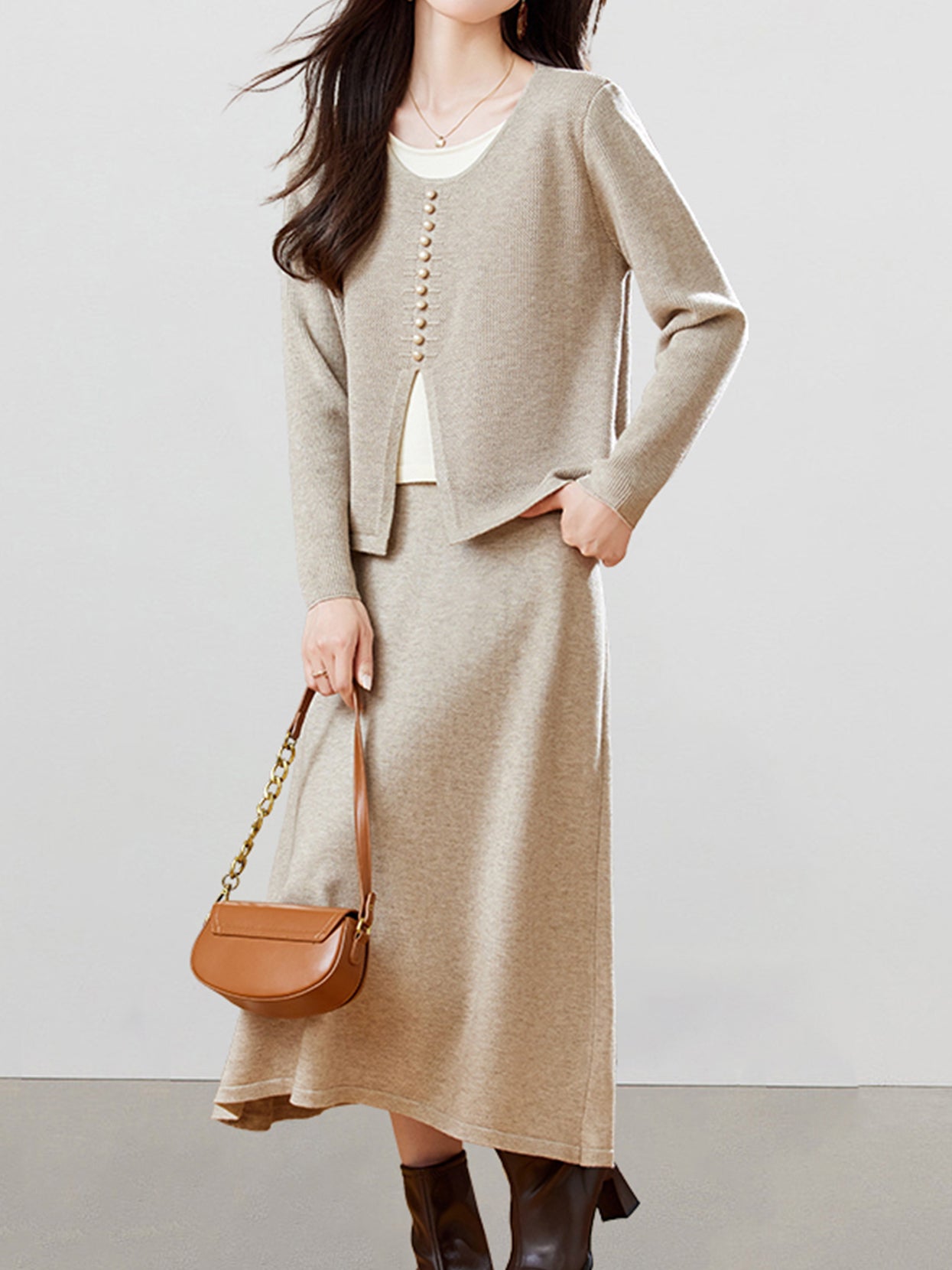 Button design front slit top + flared skirt set (3 colors)