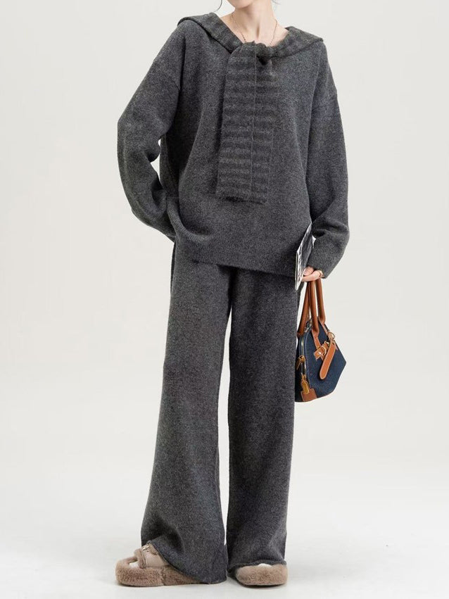 Striped Sailor Collar Pullover + Knit Wide Pants Set (3 Colors)