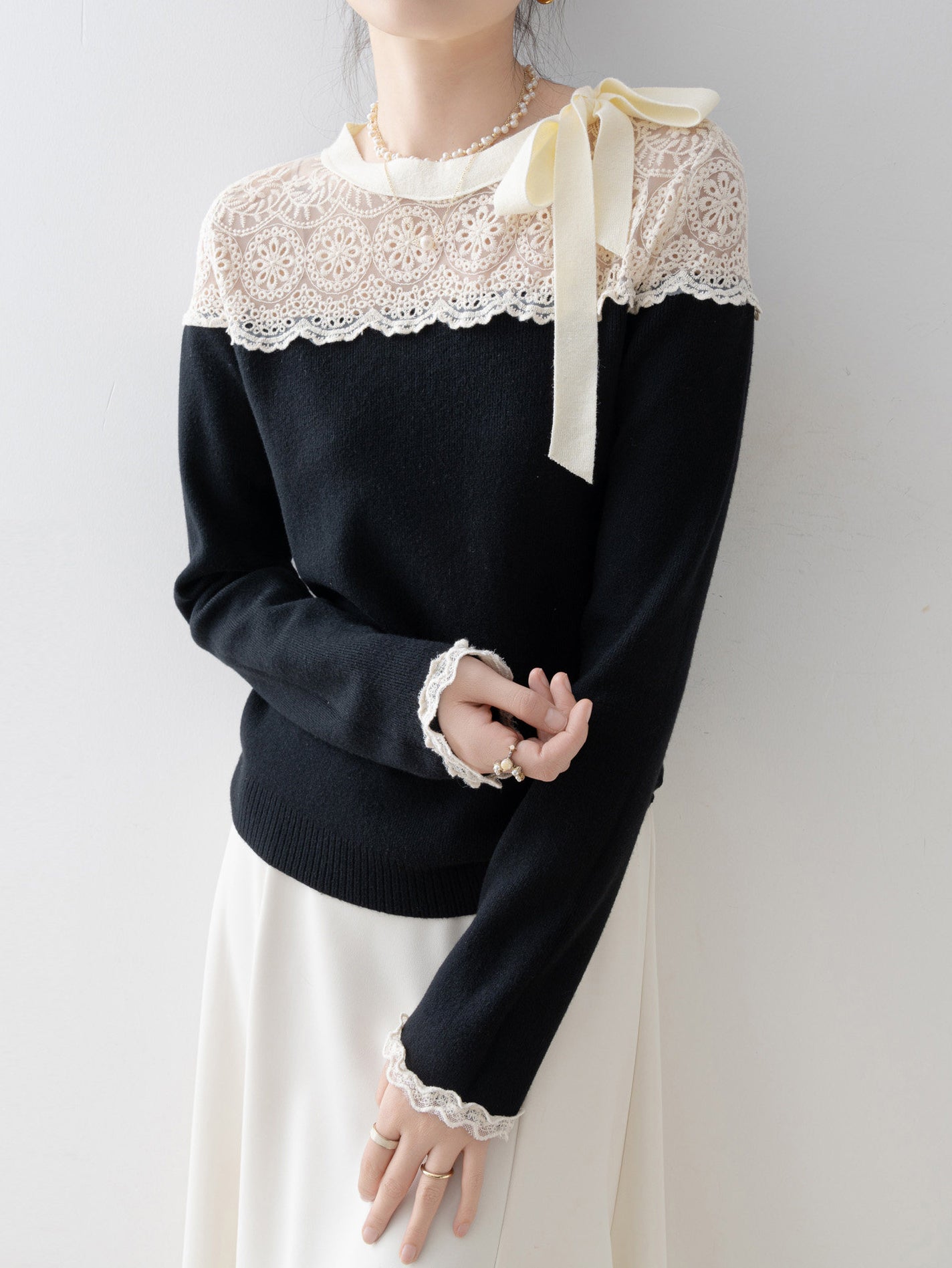 <先行公開>サイドリボンレースドッキングニット　3色入 - SonderSable