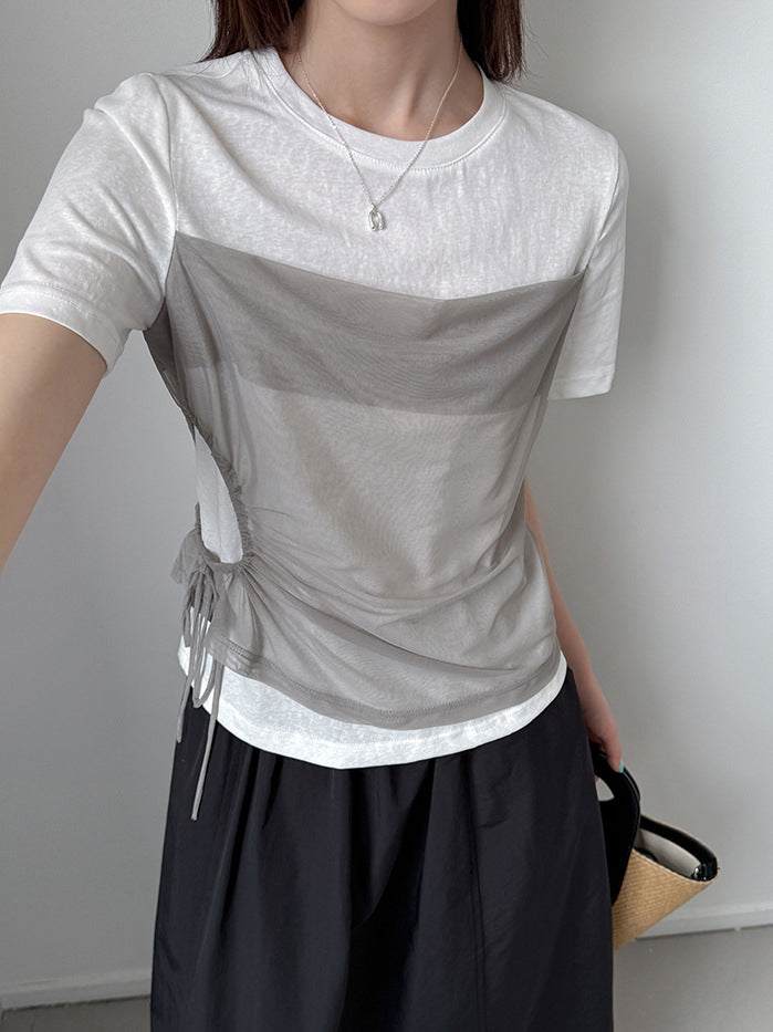 チュールドッキングサイドギャザーTシャツ
