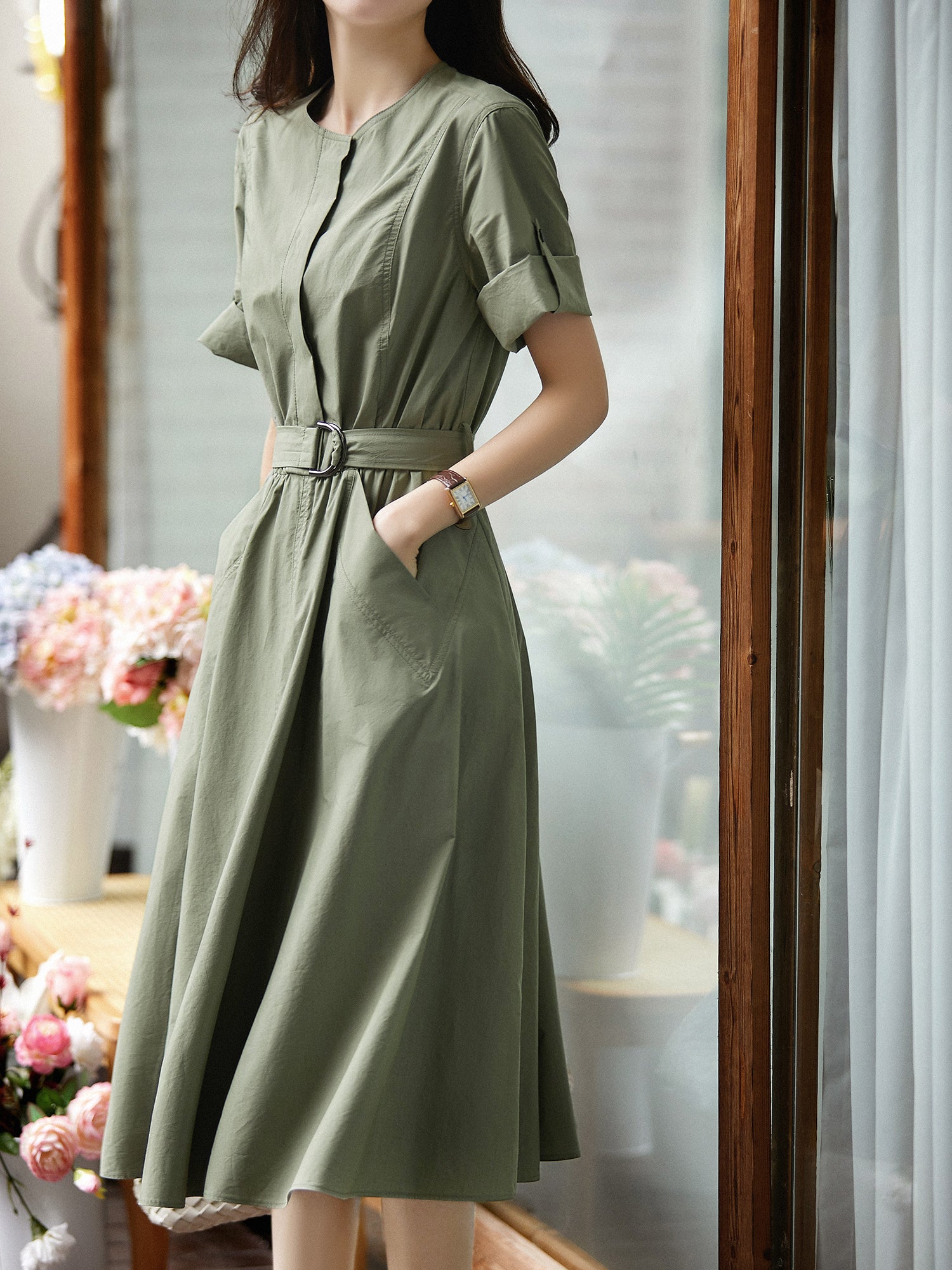 No-collar belted work dress, 3 colors