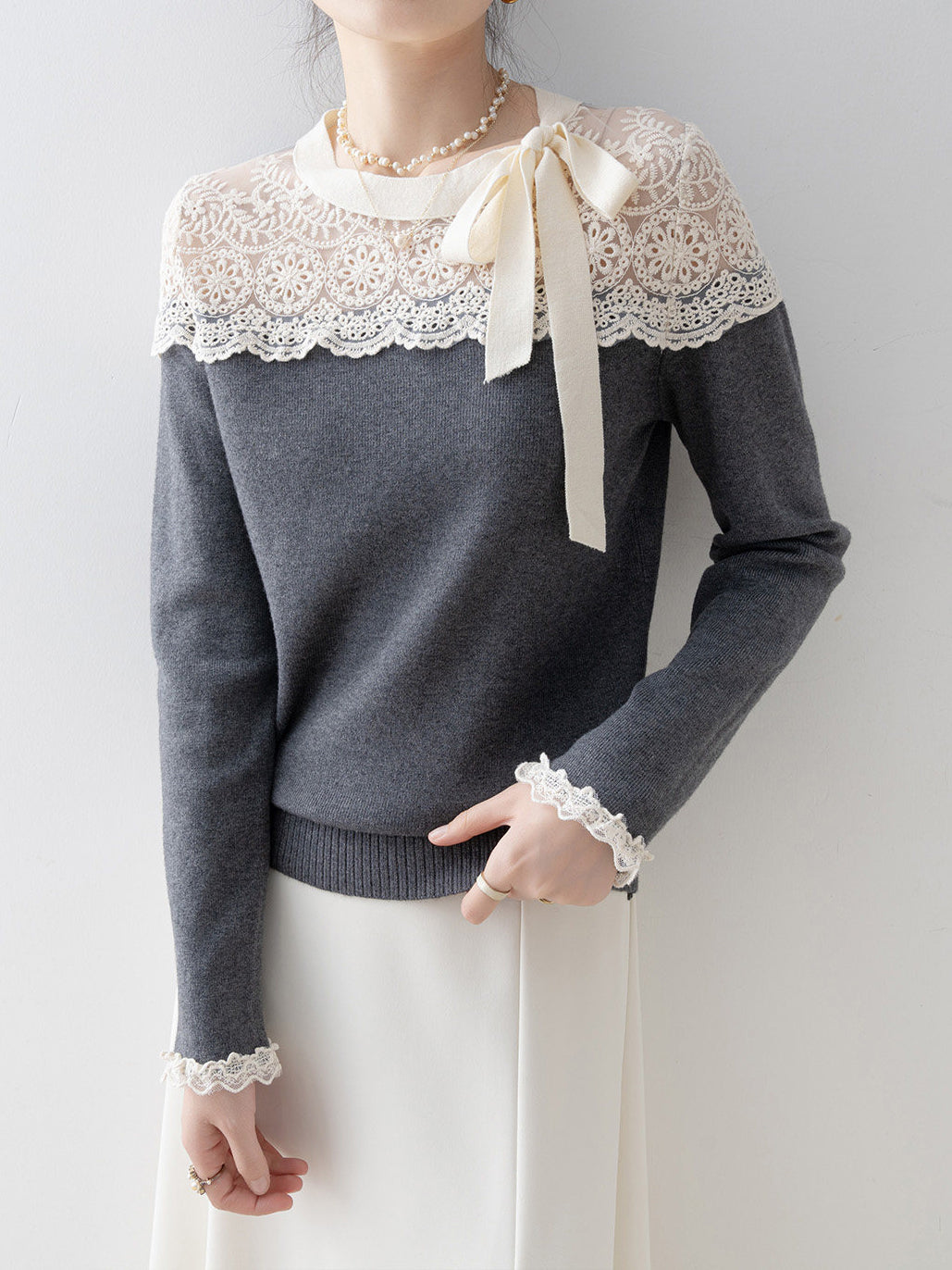 <先行公開>サイドリボンレースドッキングニット　3色入 - SonderSable