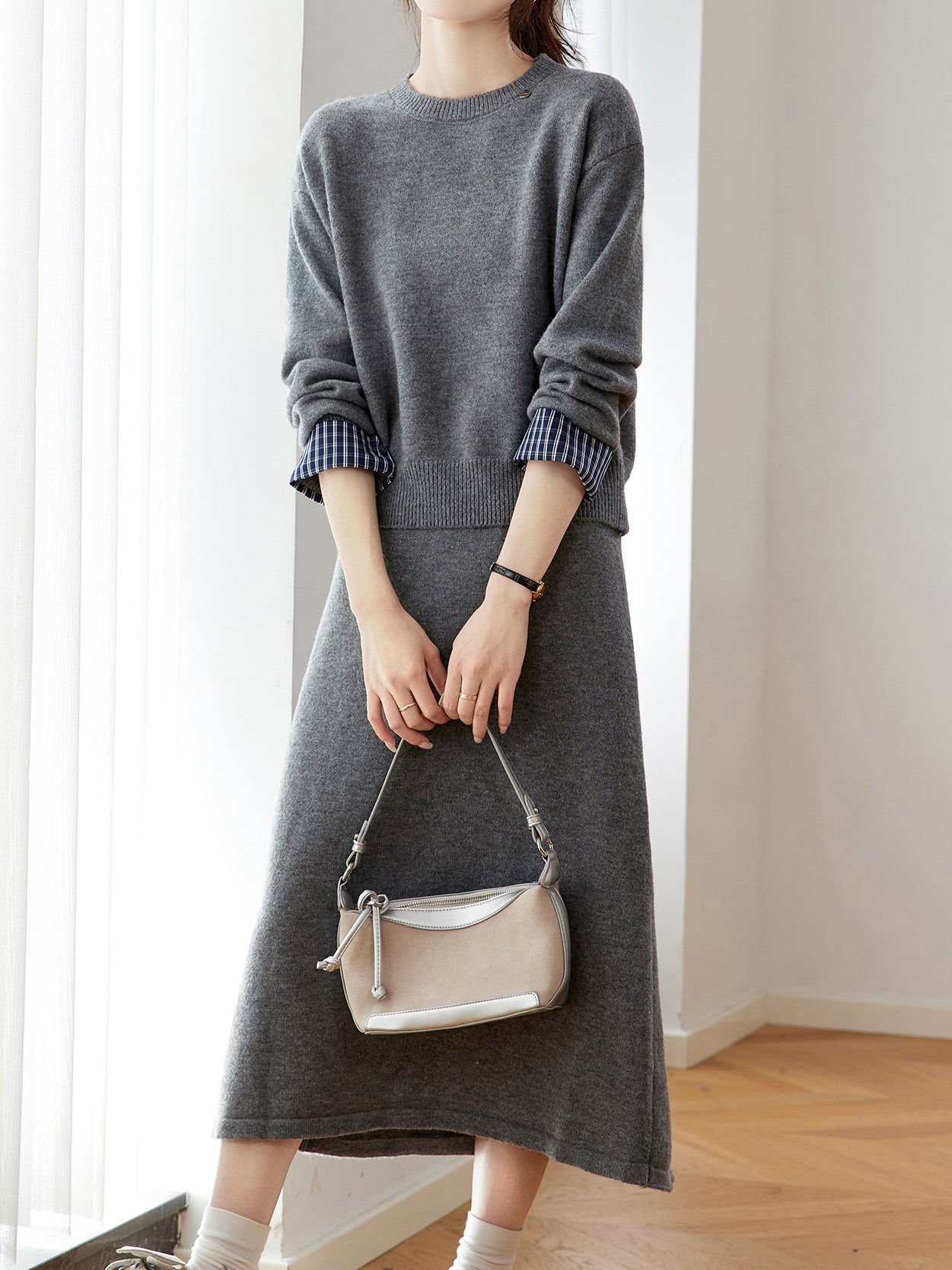 Checkered Cuff Knit + Knit Flare Skirt Set (4 Colors)