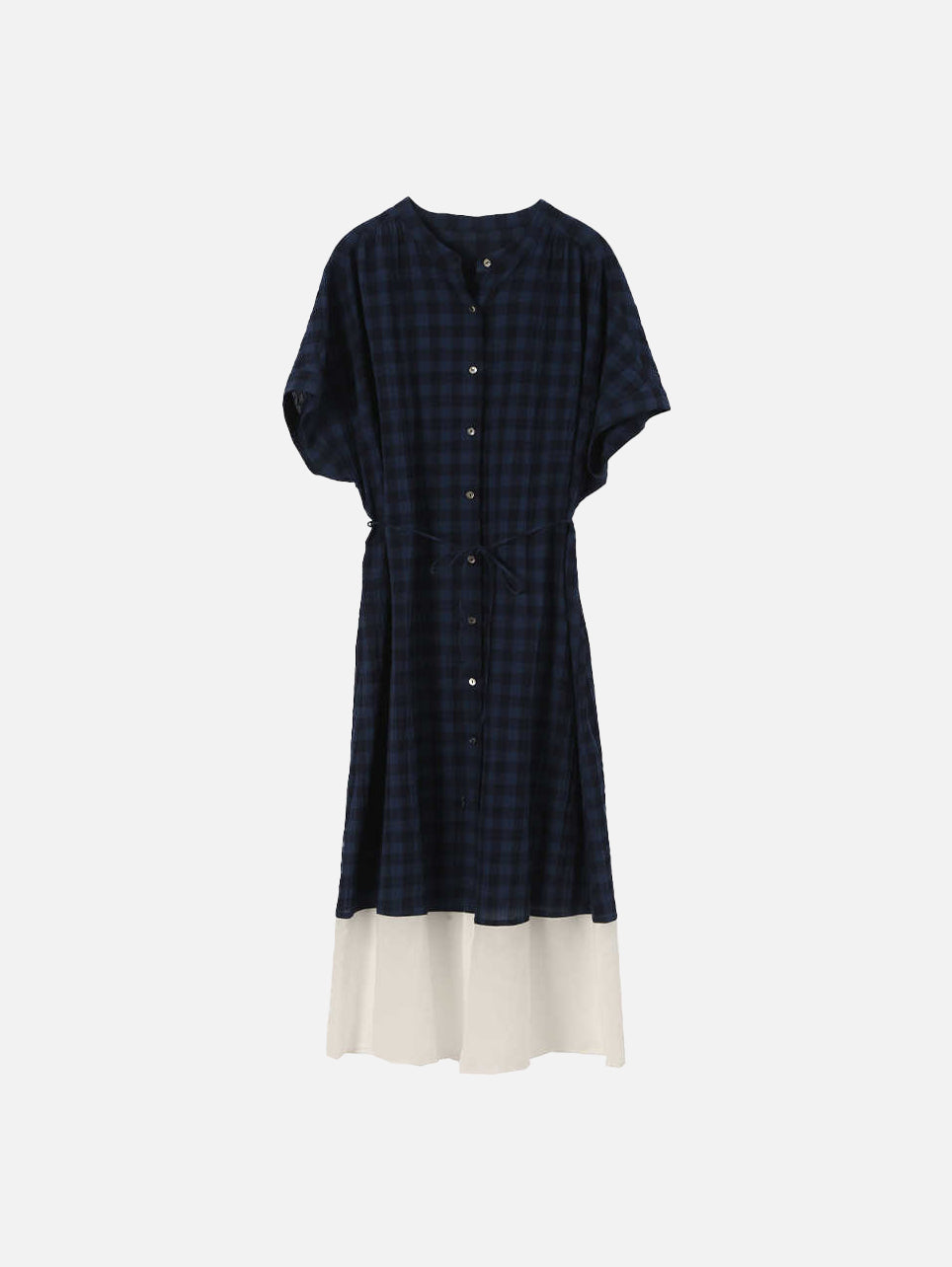 Band collar check belted dress, 2 colors