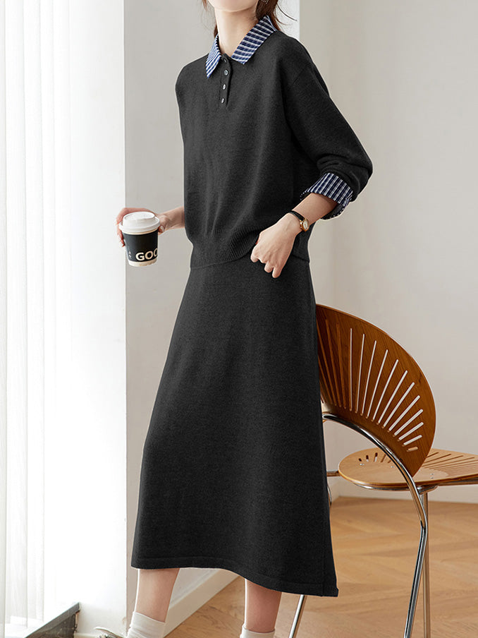 Checked Docking Polo Knit + Easy Knit Skirt Set (3 Colors)