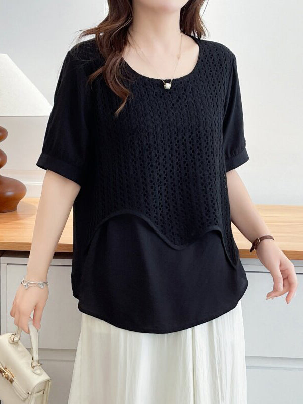 Cutwork Lace Scallop Layered Puff Sleeve T-shirt - 2 Colors