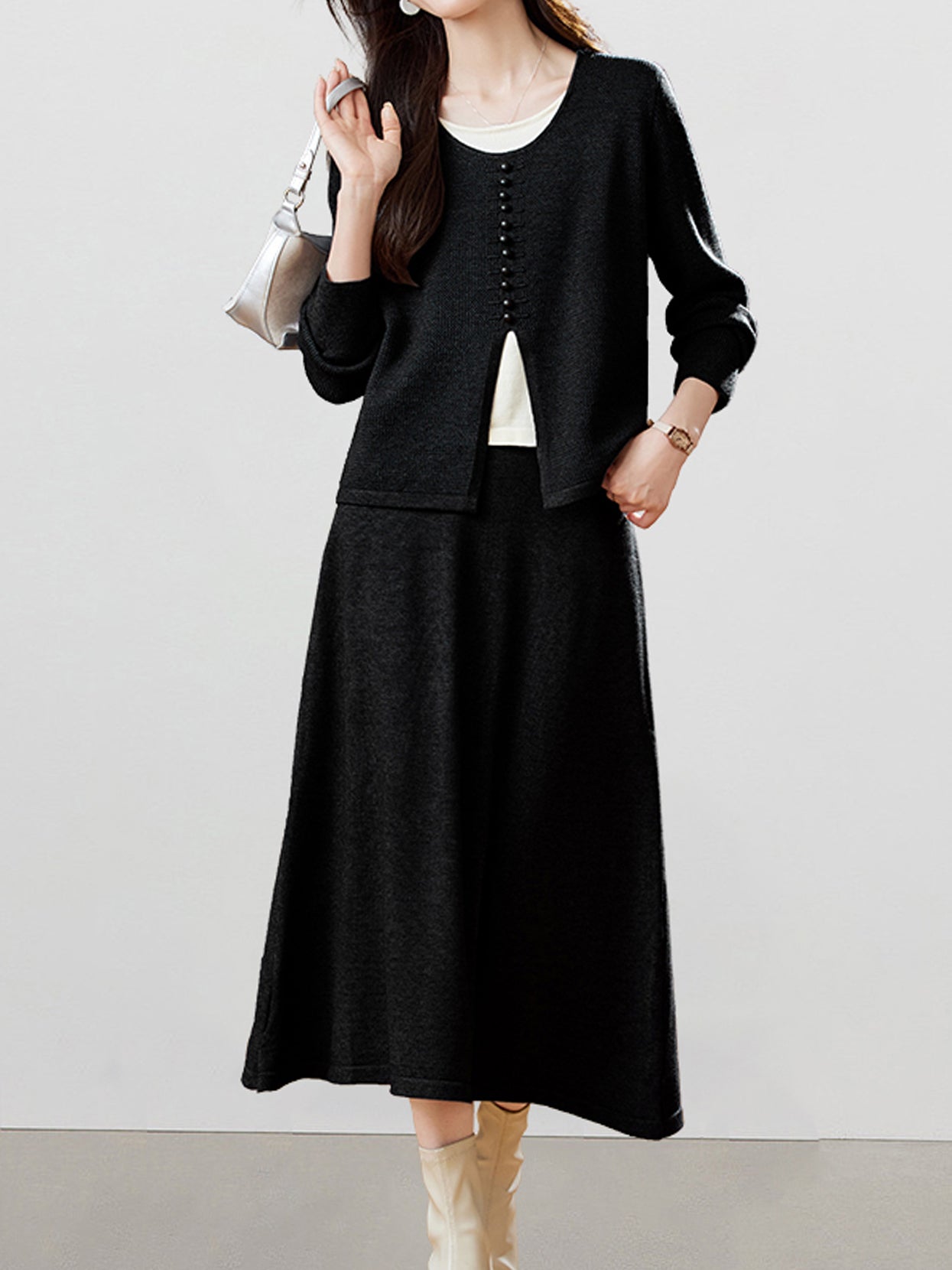 Button design front slit top + flared skirt set (3 colors)