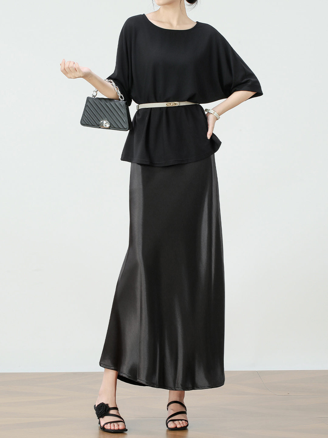 Wide-leg belted knit + glossy satin long skirt set (3 colors)