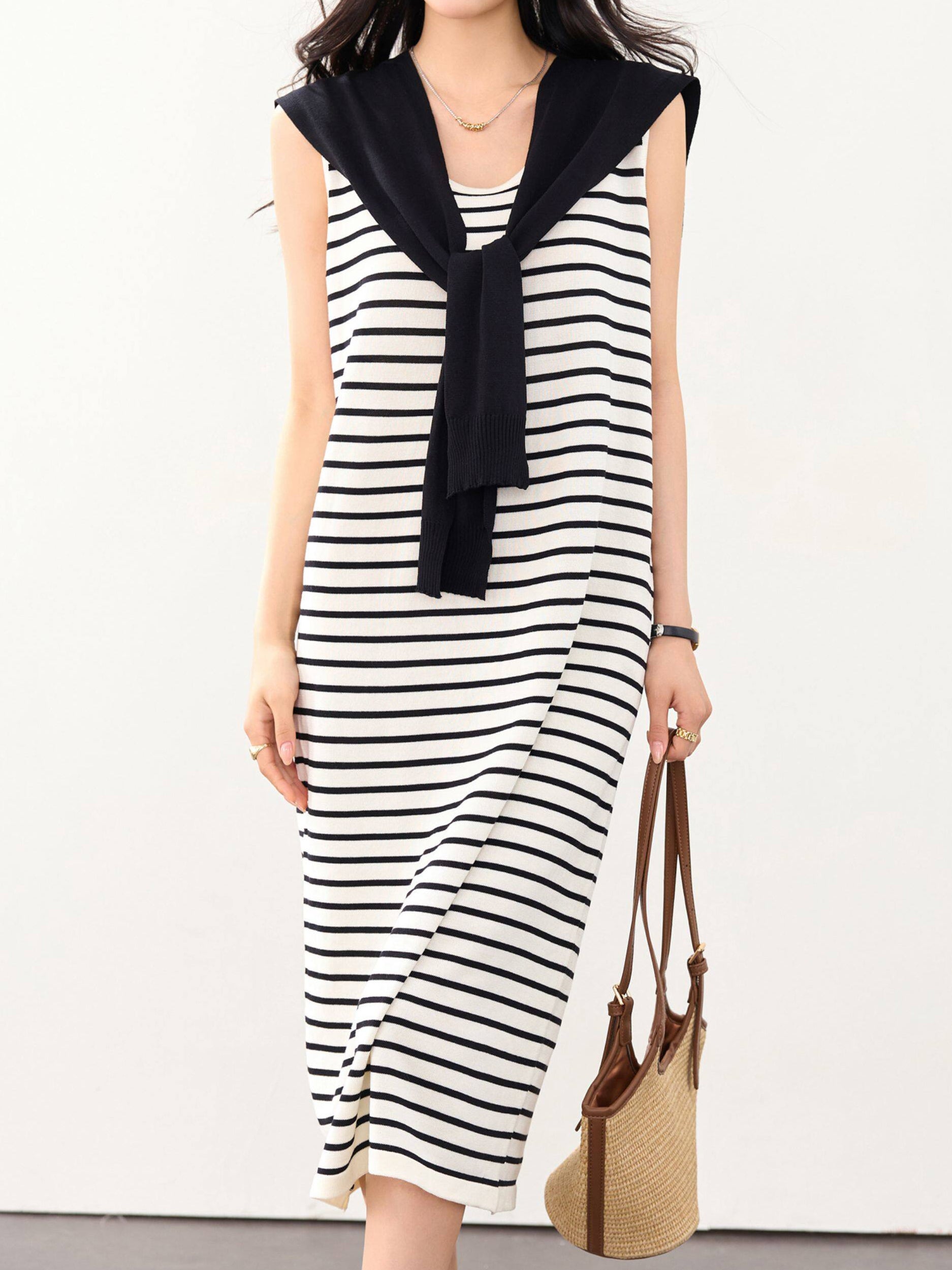 Scarf-attached Border Tank Dress (3 colors)