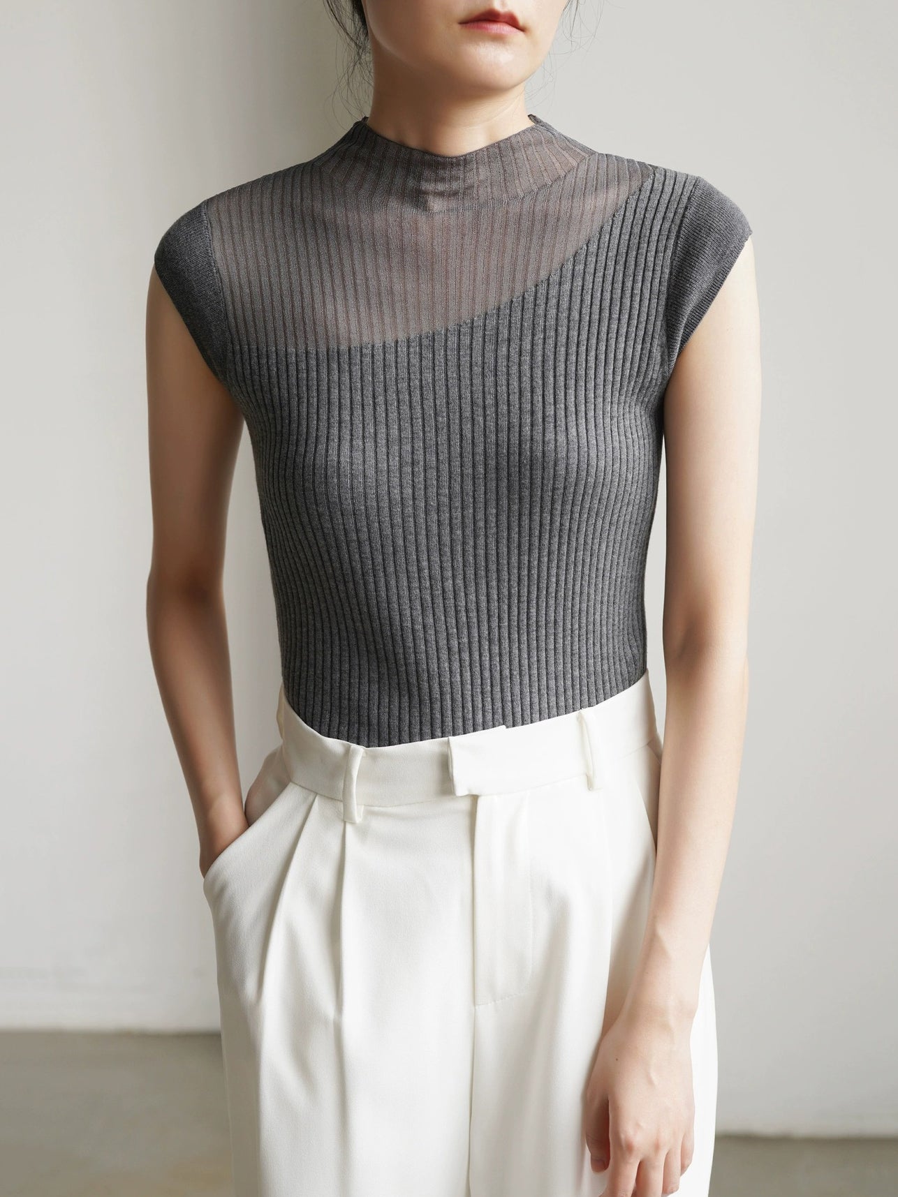 Sheer sleeveless rib knit in 5 colors