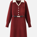 革ベルト付き配色襟ニットワンピース　3色入 - SonderSable